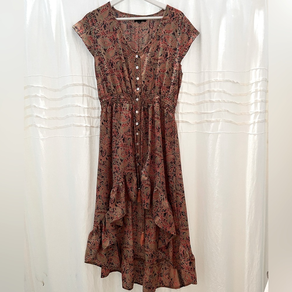 KUSH RAHO M/L flowy feminine high low dress with ruffled hemline EUC no flaws!